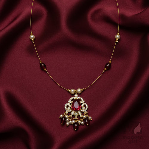 Invisible Chain Necklace with Ruby Pendant & Pearls