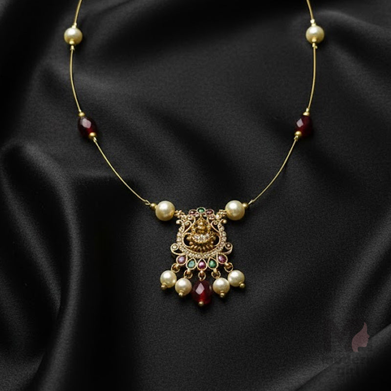 Temple Lakshmi Invisible Chain Necklace  - Multi-Color Stones