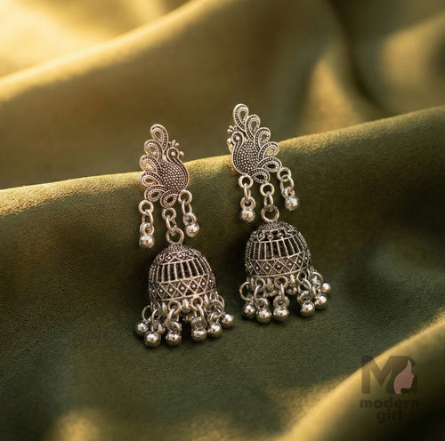 Oxidised Silver Jhumka Earrings with Peacock Design and Dangling Beads