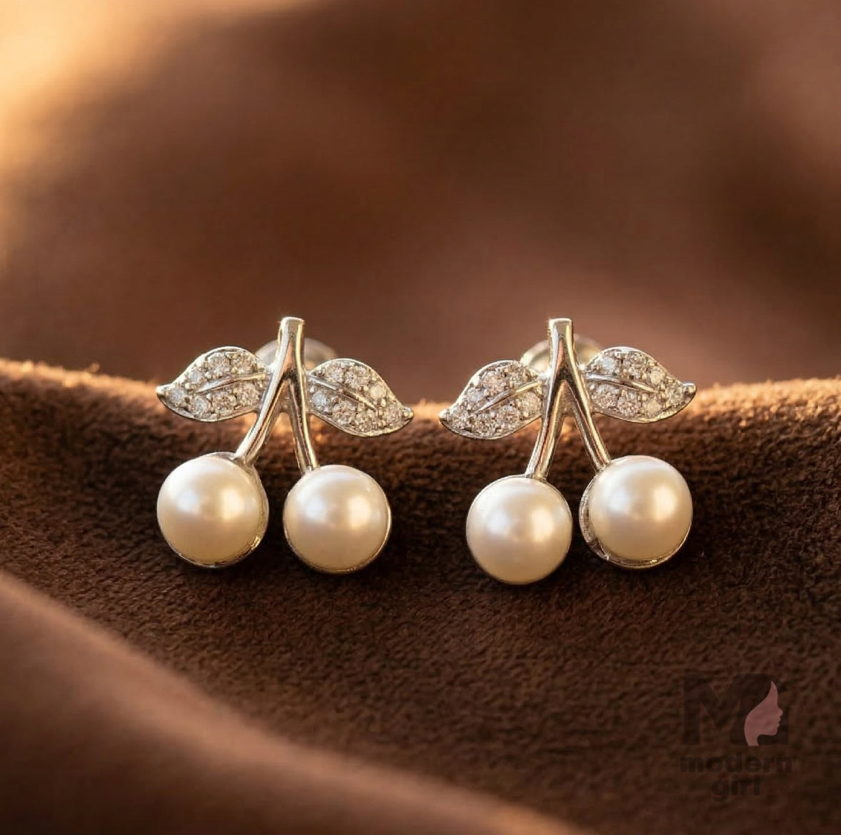 Cherry Pearl Drop Earrings with Crystal Leaf Design