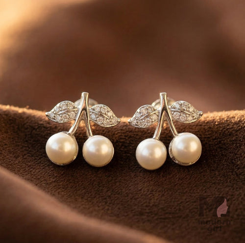 Cherry Pearl Drop Earrings with Crystal Leaf Design