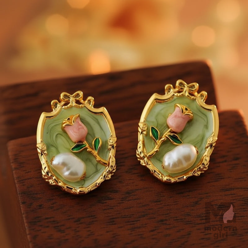 Vintage Rose & Pearl Enamel Earrings – Elegant Floral Studs for Women
