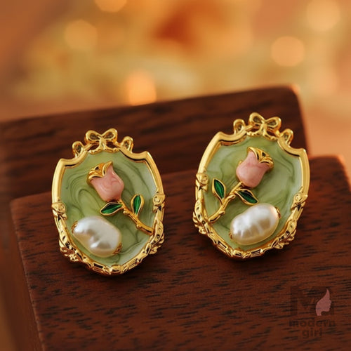 Vintage Rose & Pearl Enamel Earrings – Elegant Floral Studs for Women