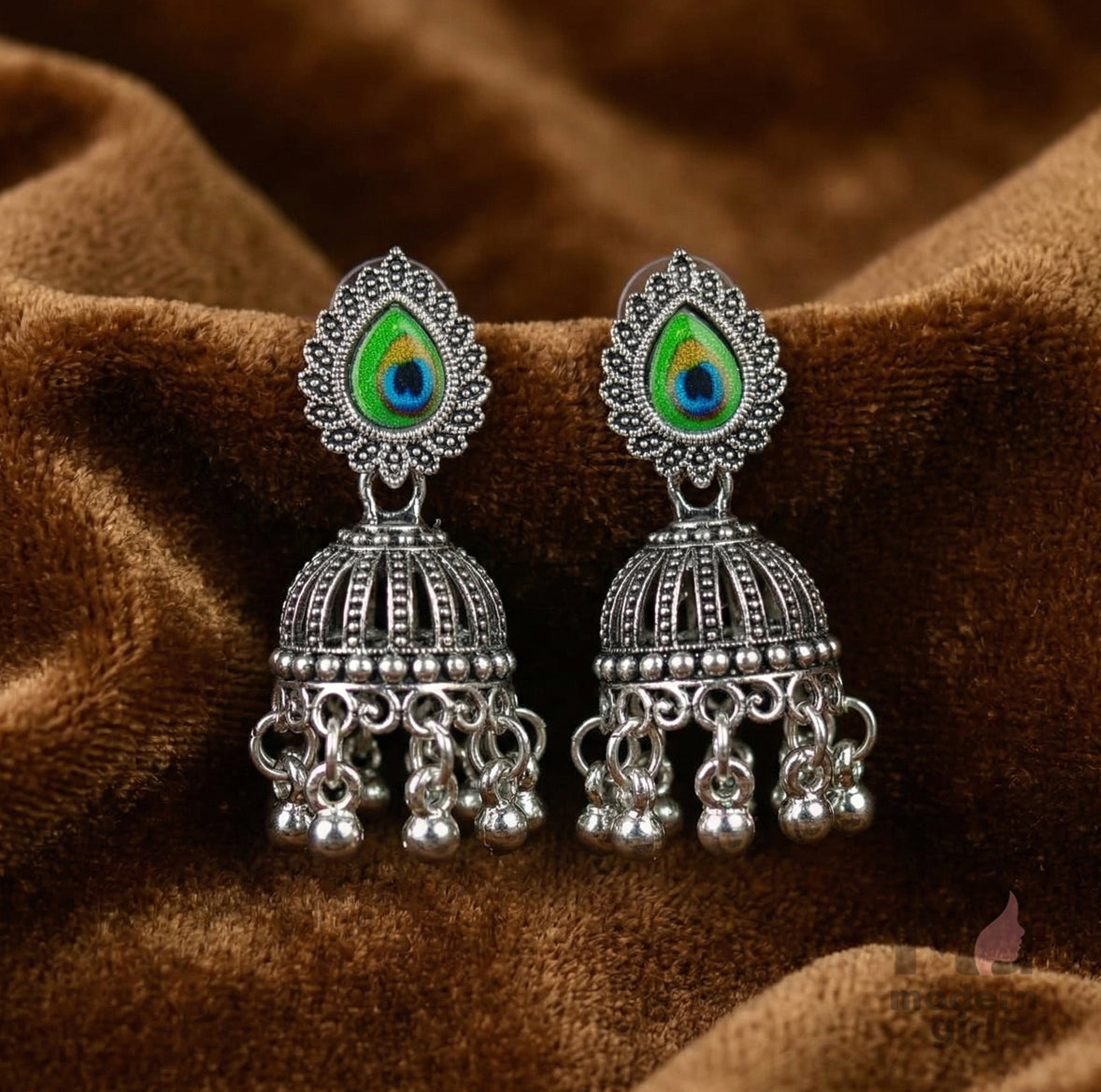 Peacock Eye Stone Oxidized Silver Jhumka Earrings