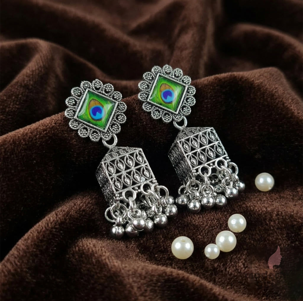Peacock Stone Oxidized Silver Cube Jhumka Earrings