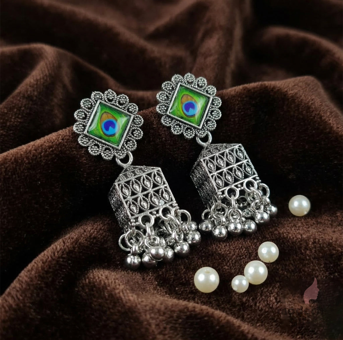 Peacock Stone Oxidized Silver Cube Jhumka Earrings