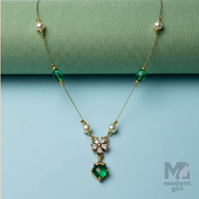 Invisible Chain Necklace with Green Pendant & Pearls