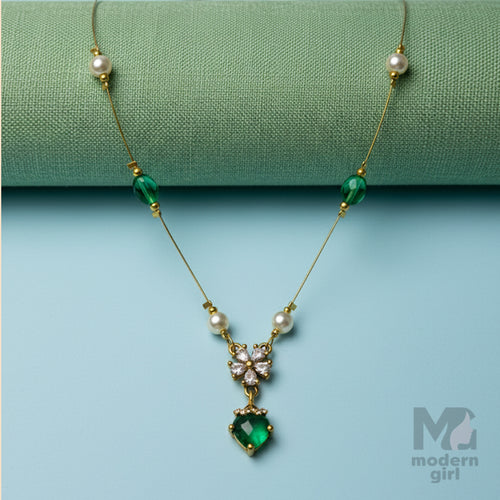 Invisible Chain Necklace with Green Pendant & Pearls