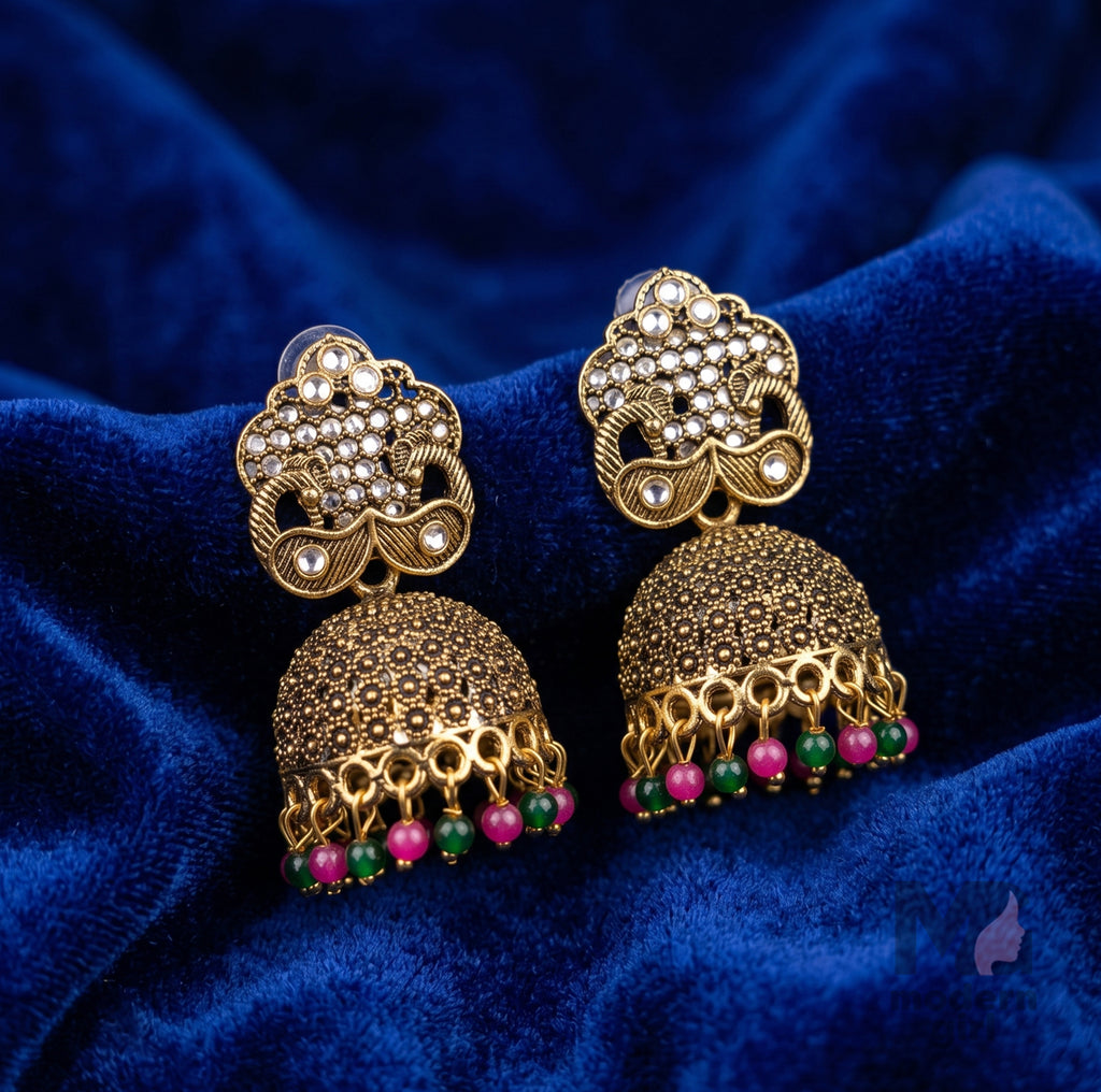 Royal Pearl Antique Jhumka Earrings – Ethnic Gold Bead Design
