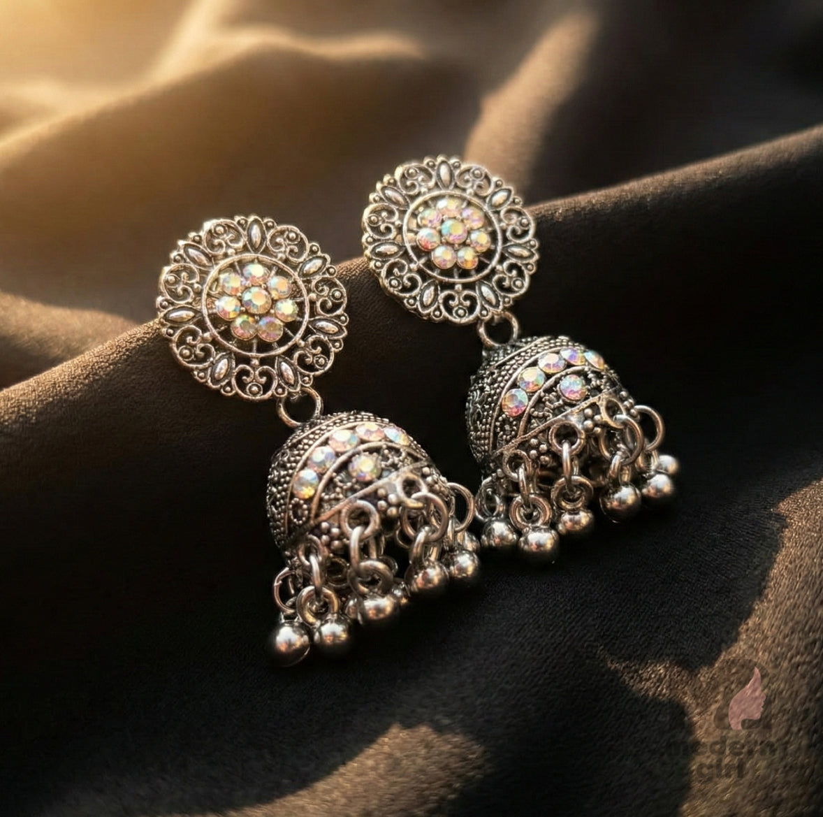Oxidised Silver Stone Jhumka Earrings