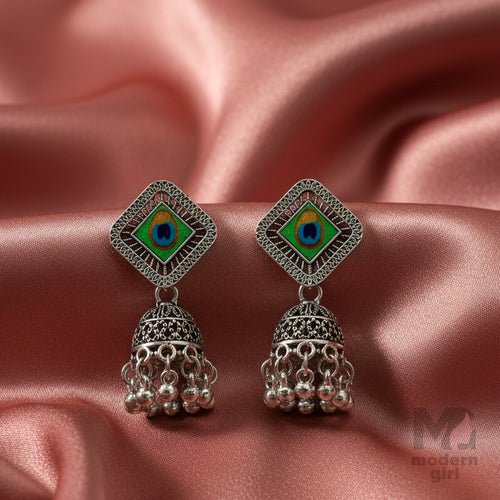 Peacock Oxidised Silver Jhumka