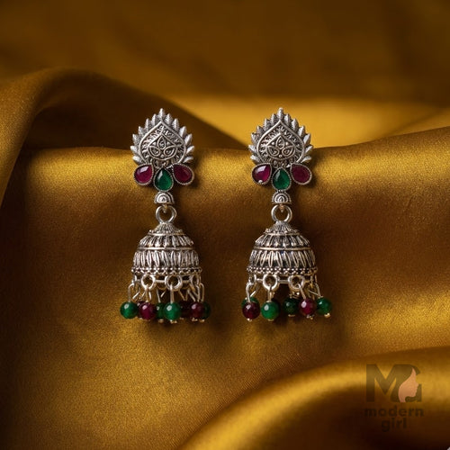 Silver Jhumka Earrings – Ruby & Emerald Stone Drops