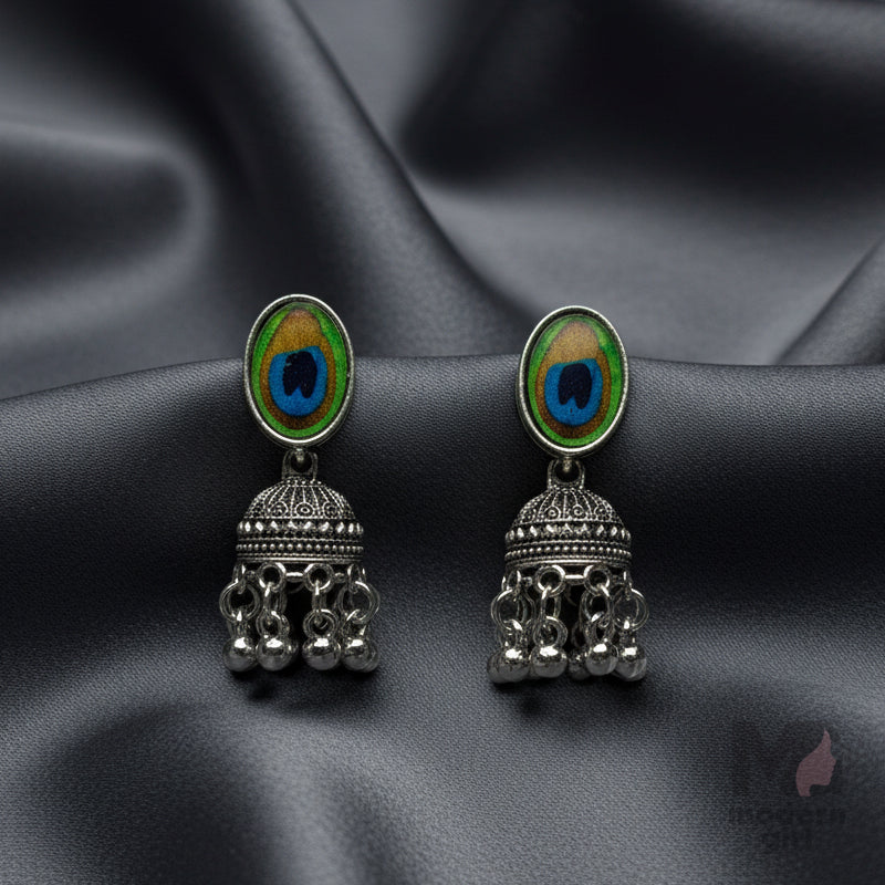 Peacock Feather Oxidised Silver Jhumka
