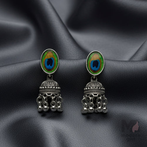 Peacock Feather Oxidised Silver Jhumka