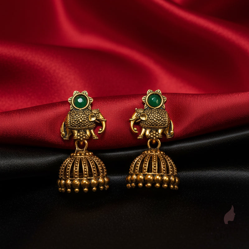 Antique Gold Elephant Motif Jhumka Earrings with Stone