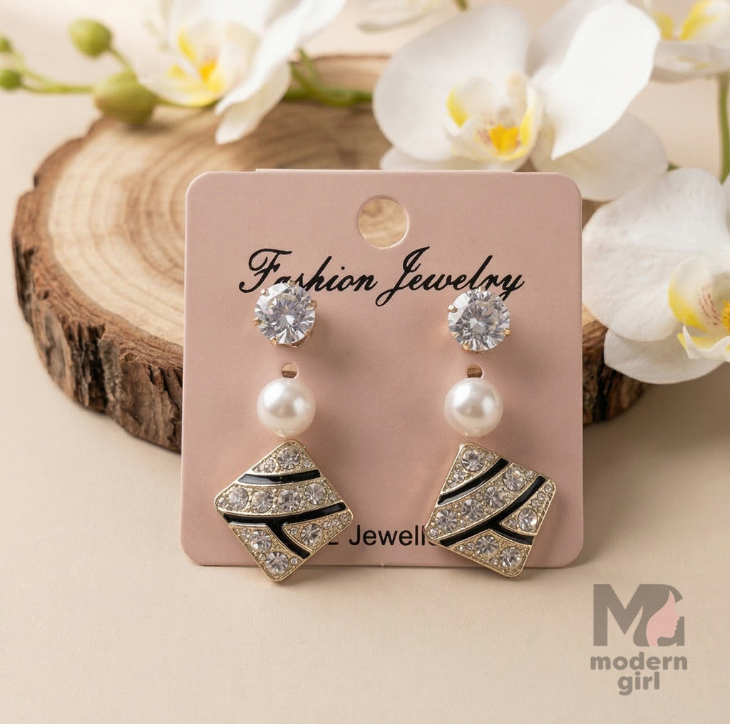 Luxury Geometric Pearl CZ Silver Earrings Combo