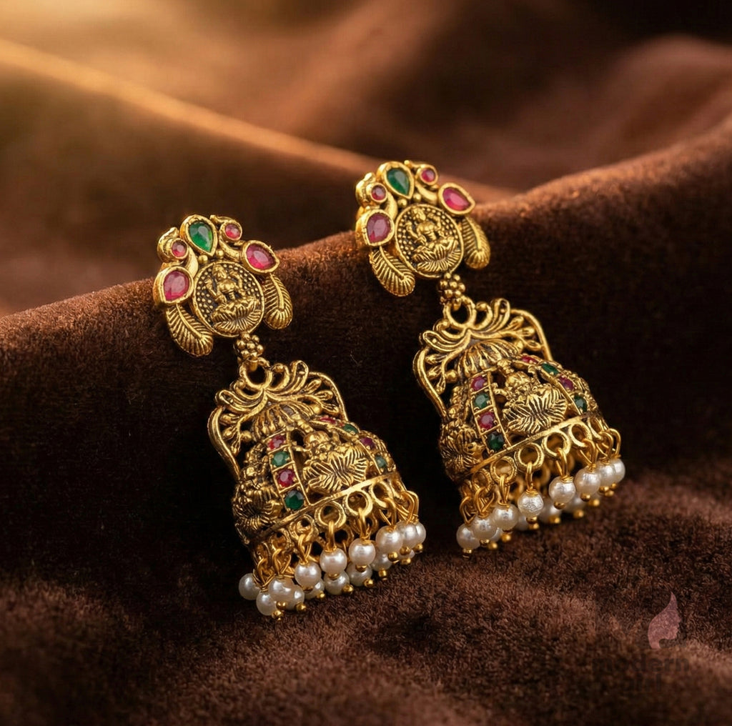 Antique Temple Jhumka Earrings with Pearl Drops