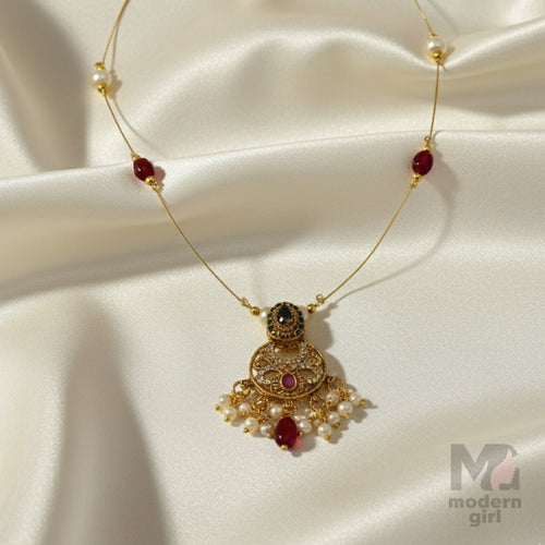 Invisible Chain Temple Necklace with Ruby, Emerald & Pearls
