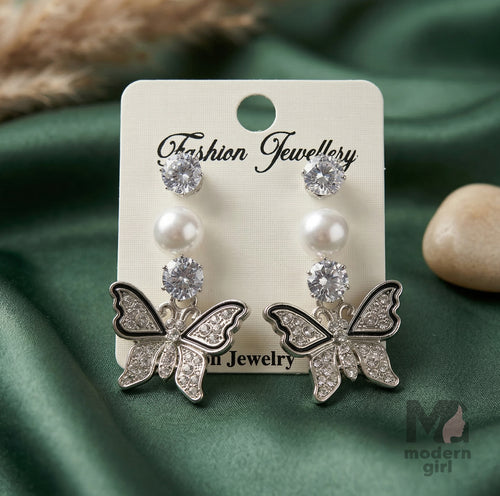 Elegant Silver Butterfly Pearl Crystal Drop Earrings
