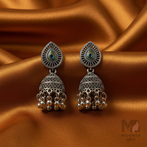 Peacock Teardrop Oxidised Silver Jhumka