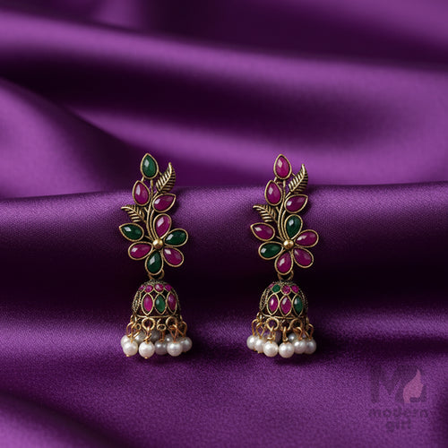 Floral Ruby & Emerald Pearls Jhumka Earring