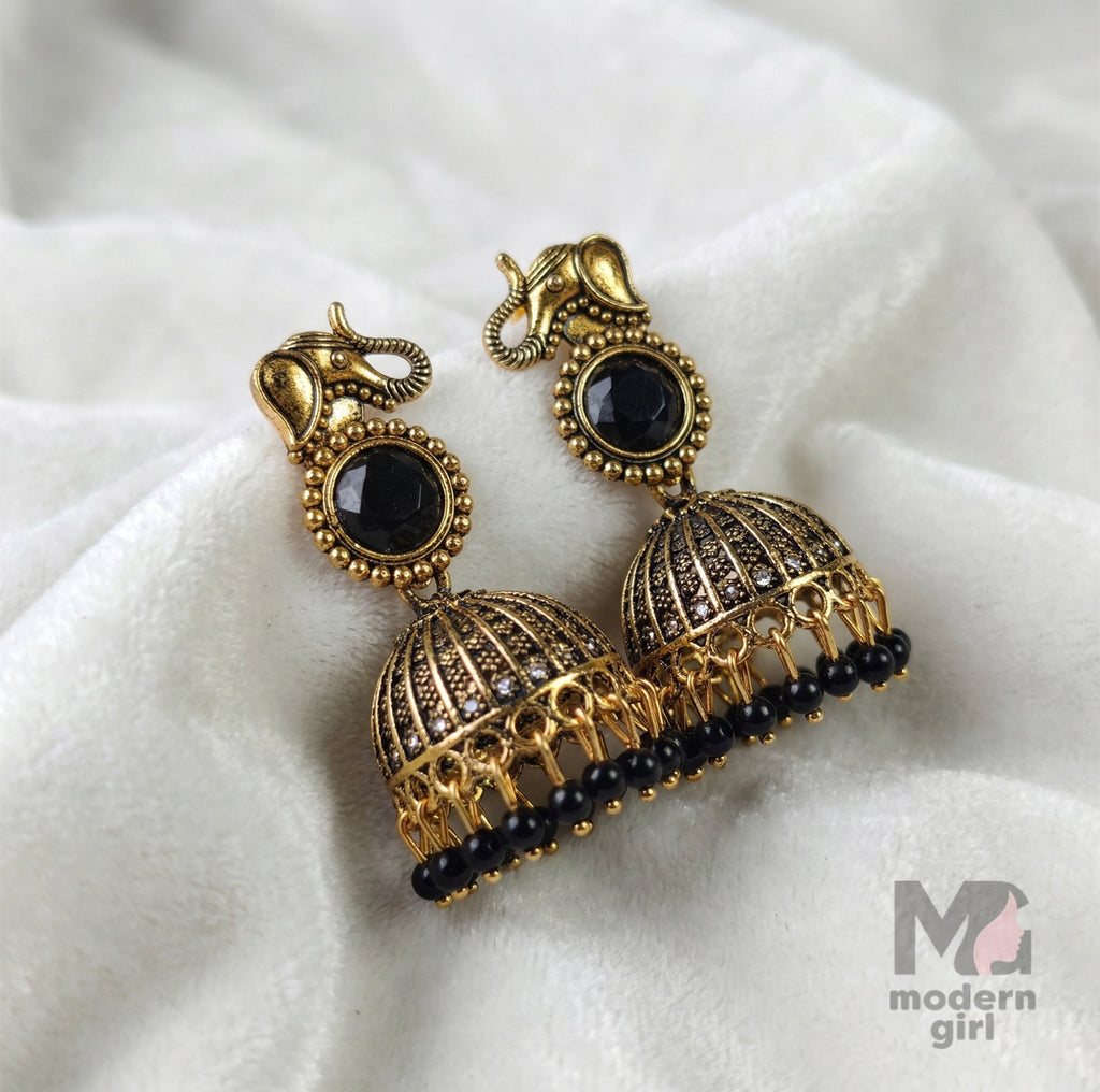 Elephant Motif Temple Jhumka Earrings with Stone & Beaded Drops