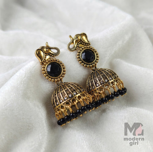 Elephant Motif Temple Jhumka Earrings with Stone & Beaded Drops