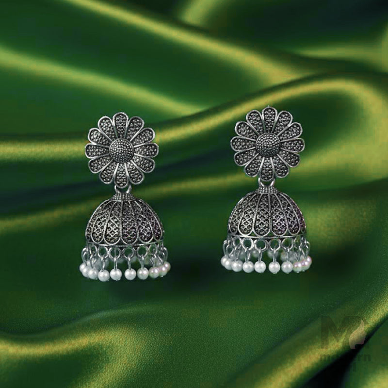 Silver Floral Jhumka Earrings with Pearl Drops
