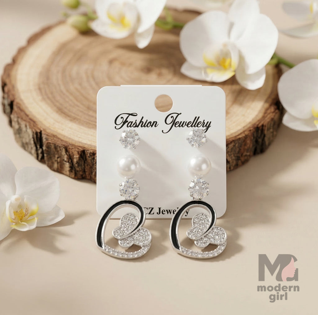 Luxury Heart Drop & Pearl CZ Earrings Combo