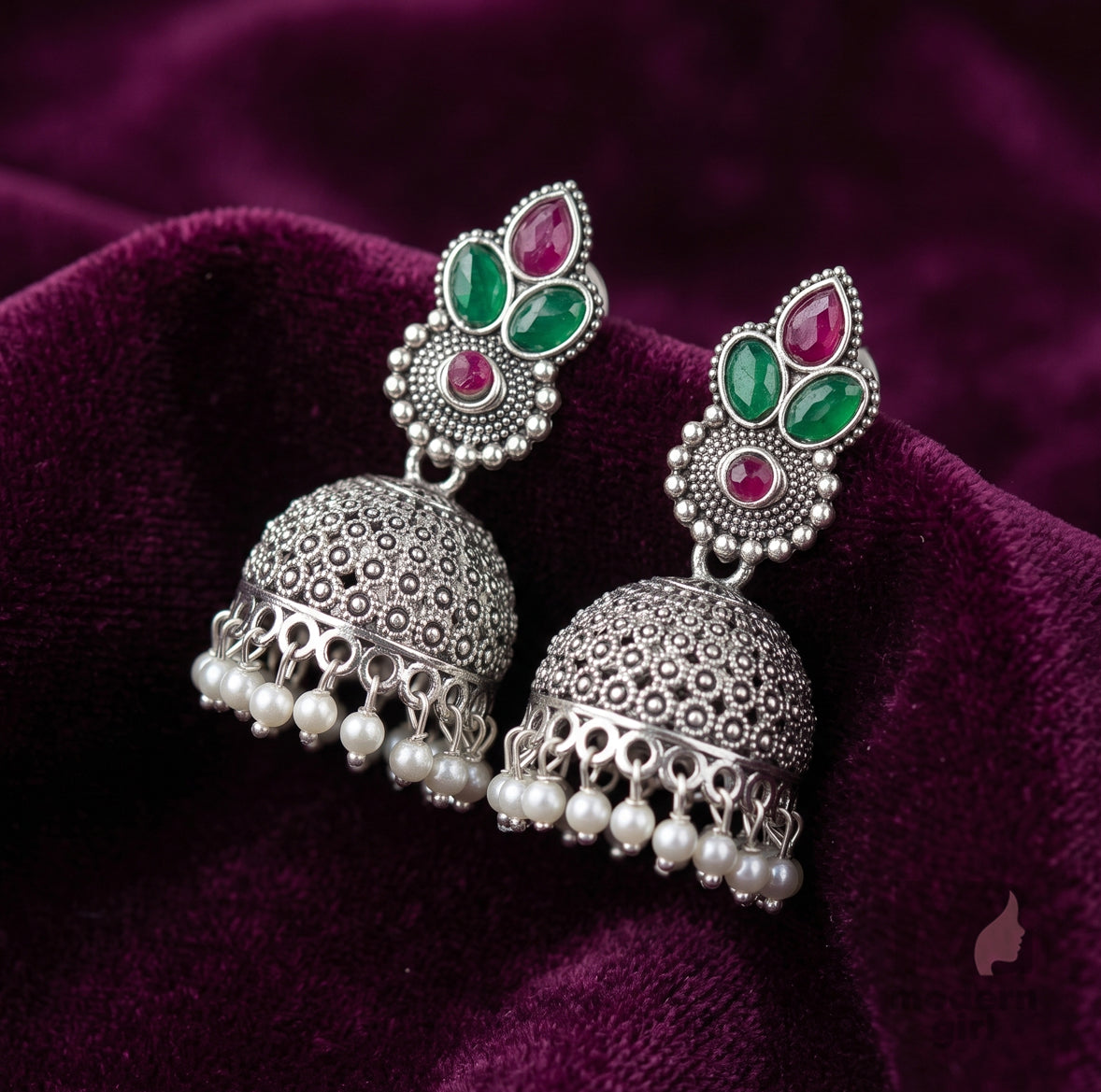 Emerald Ruby Pearl Jhumka Earrings – Antique Silver Ethnic Design