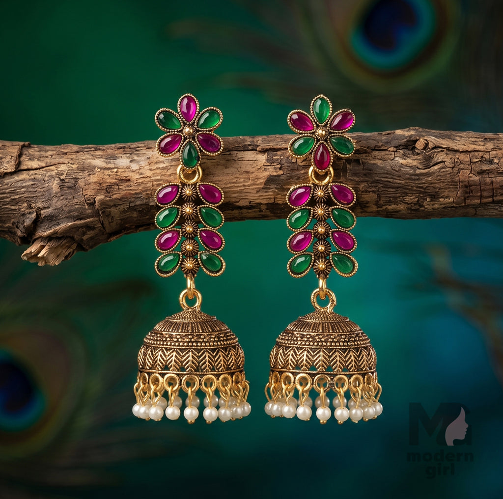 Emerald Ruby Pearl Jhumka Earrings – Antique Floral Ethnic Design