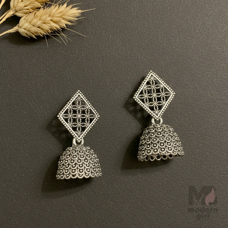 Oxidised Silver Geometric Diamond Stud Jhumka Earrings