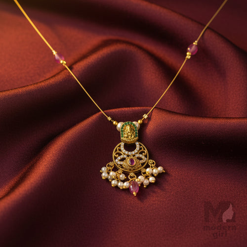 Invisible Chain Temple Necklace with Ruby, Emerald & Pearls