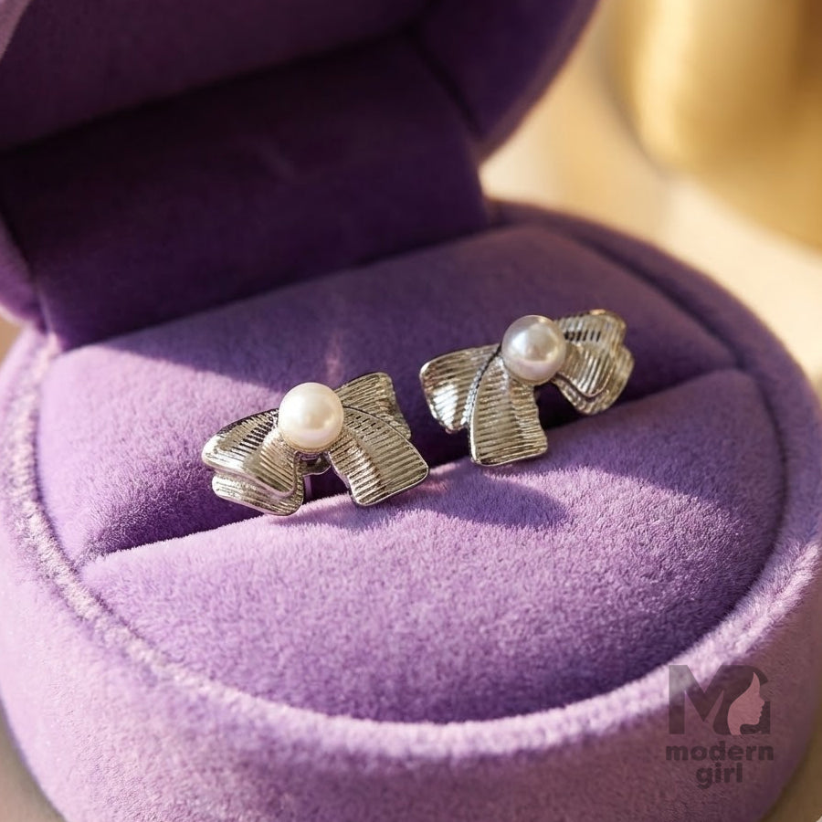 Silver Pearl Bow Elegance Stud Earrings