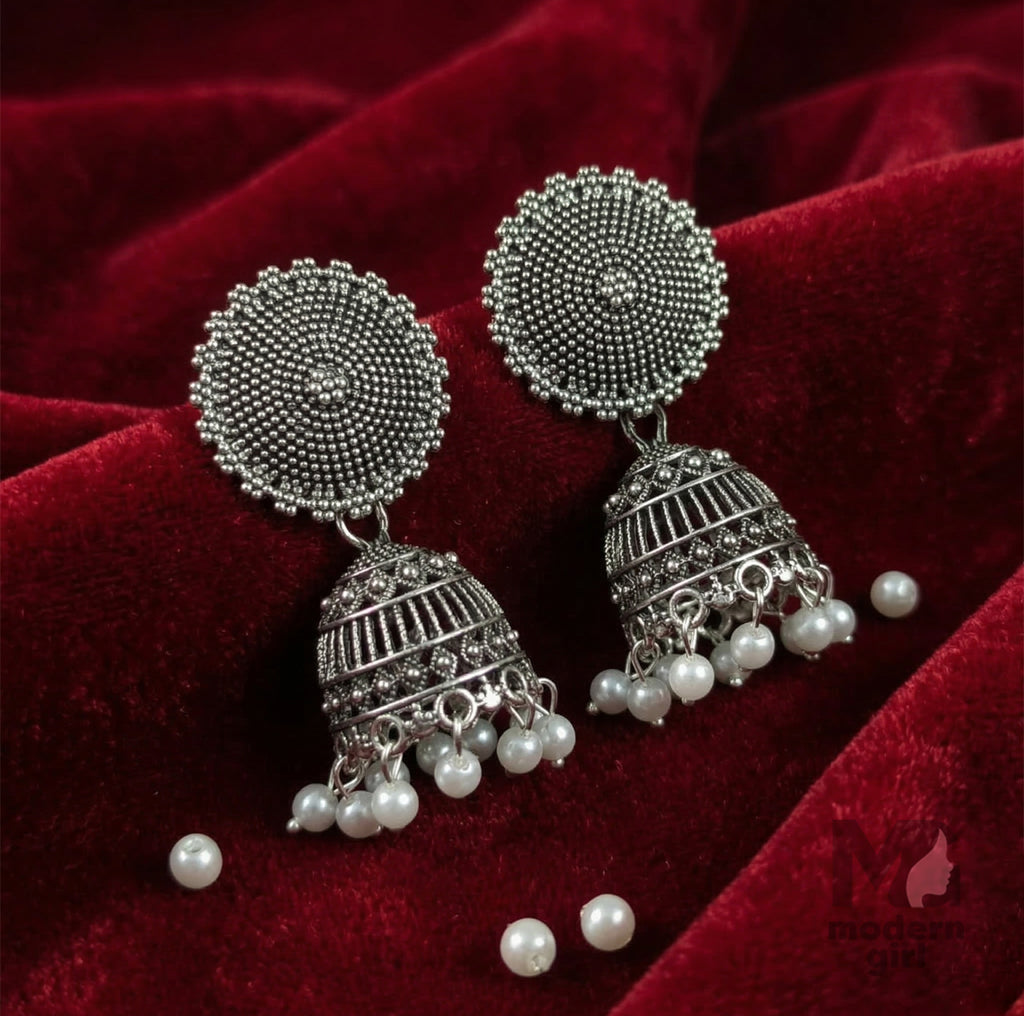 Royal Dome Oxidized Silver Jhumka Earrings with Pearl Drops