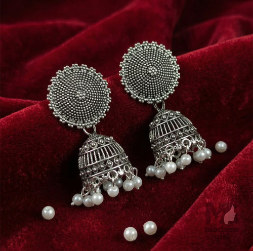 Royal Dome Oxidized Silver Jhumka Earrings with Pearl Drops