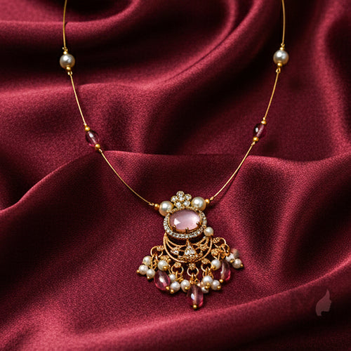 Invisible Chain Necklace with Pink Stone & Pearl Drops
