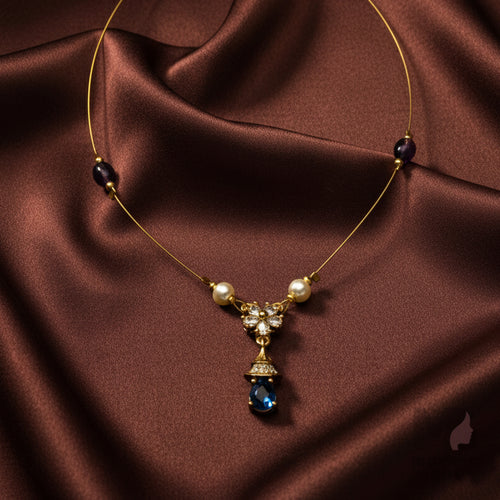 Invisible Chain Sapphire Blue & Pearl Pendant Necklace – Gold-Plated Traditional Jewelry