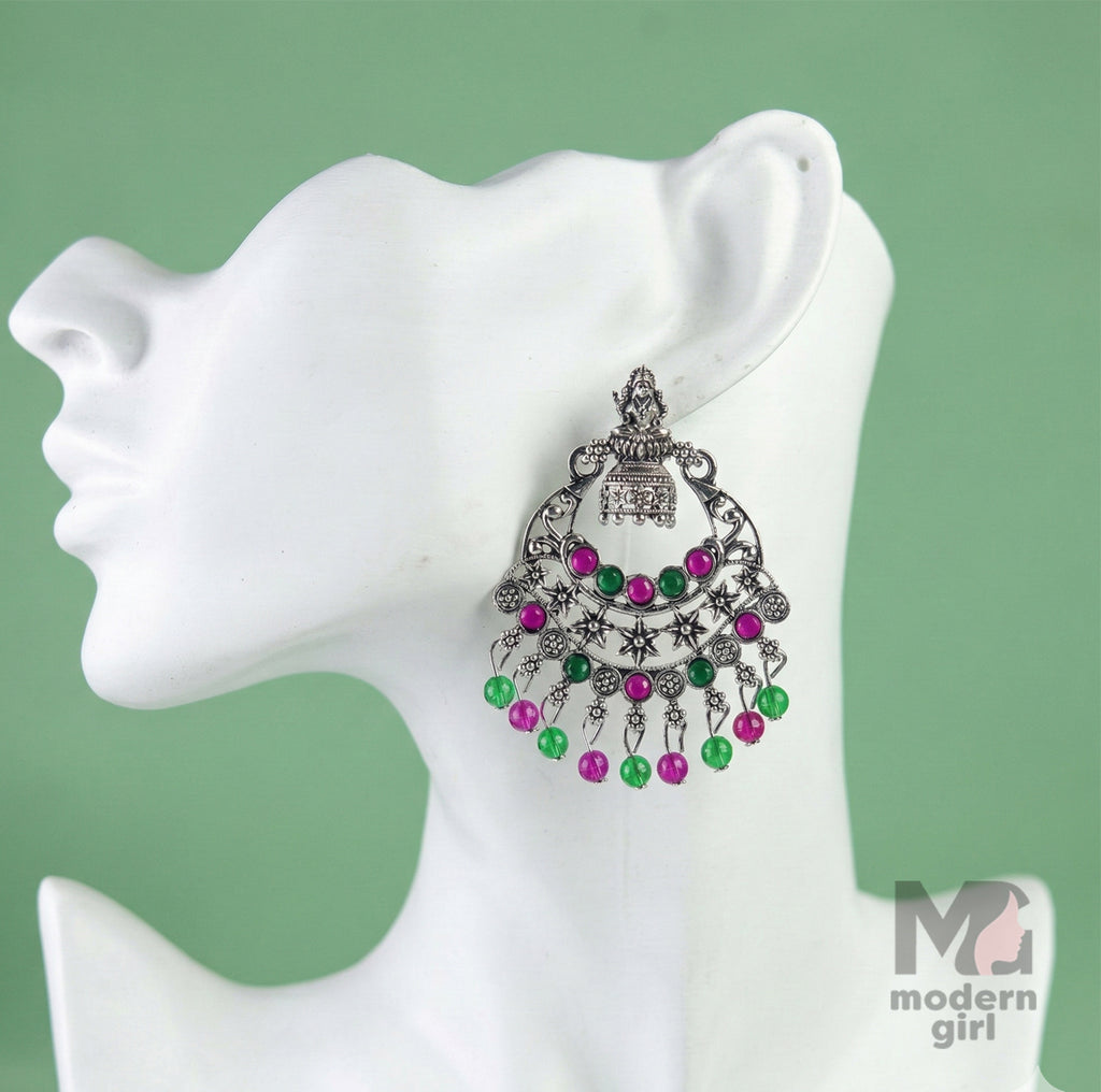 Lakshmi Design Temple Chandbali Earrings with Green & Pink Stones