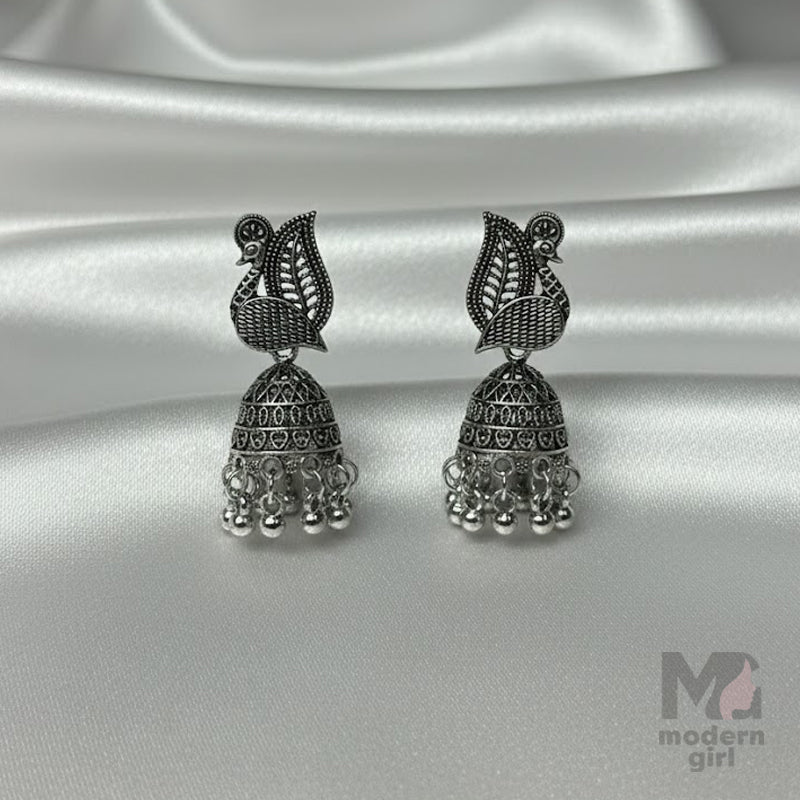 Oxidized Silver Peacock Motif Jhumka