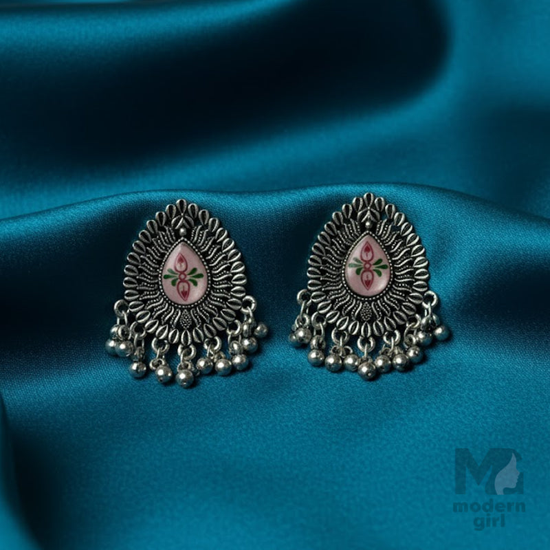 Enamel Floral Dangler Silver Earrings