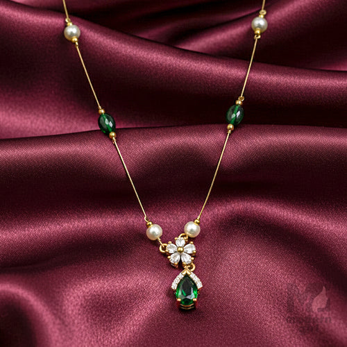 Invisible Chain Necklace with Green Teardrop & Pearls