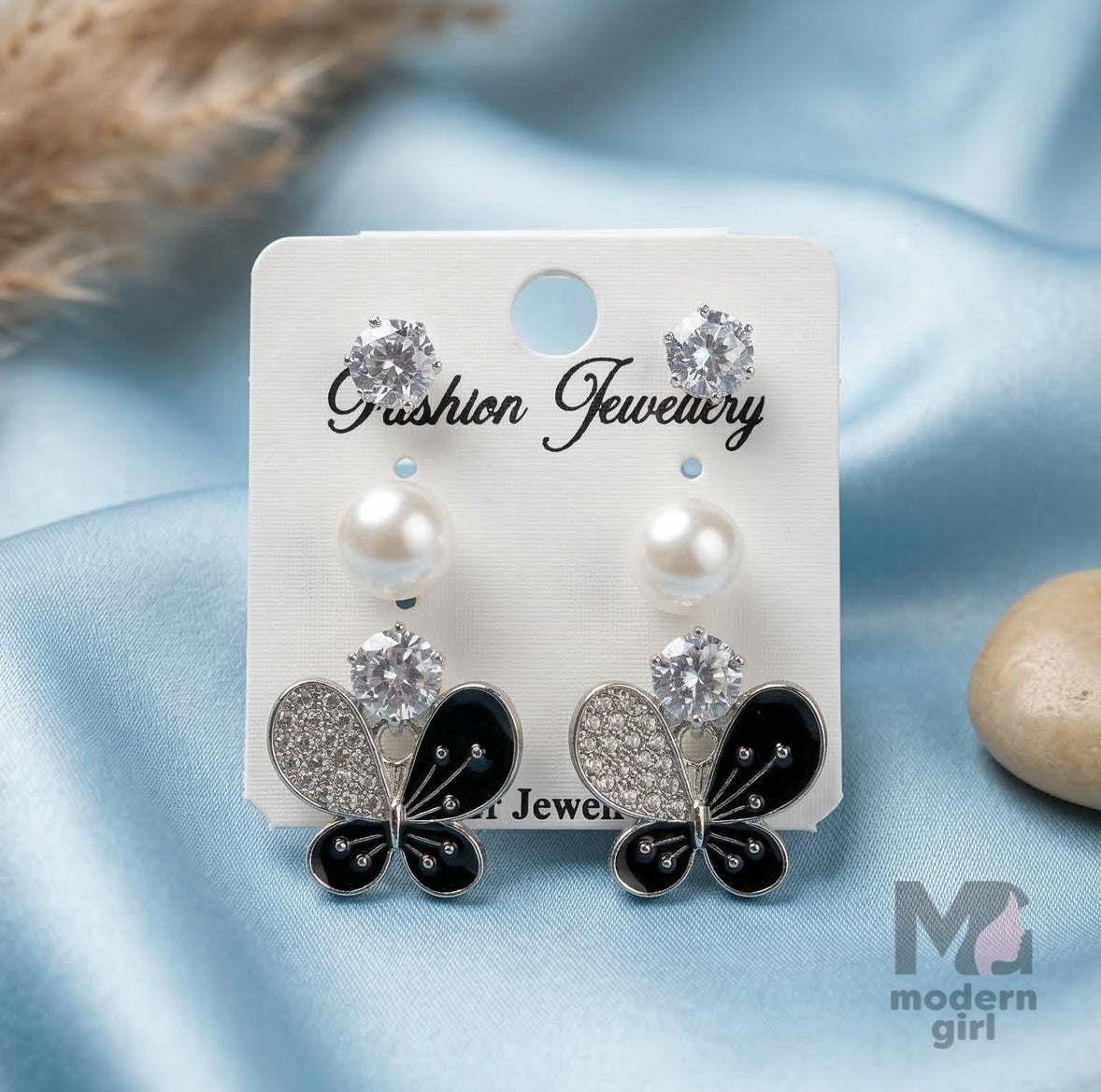 Butterfly Pearl CZ Silver Earrings