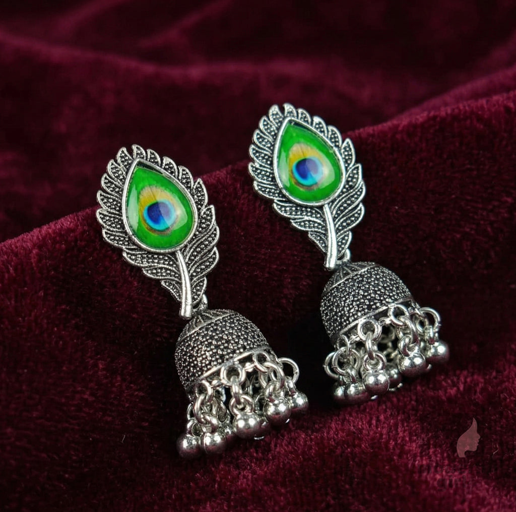 Peacock Feather Design Oxidized Silver Jhumka Earrings