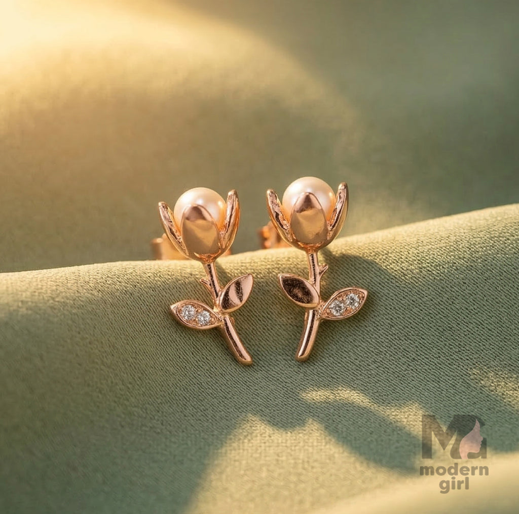 Rose Bud Pearl Stud Earrings