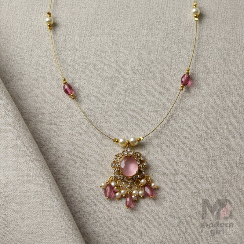 Invisible Chain Necklace with Pink Stone & Pearl Drops