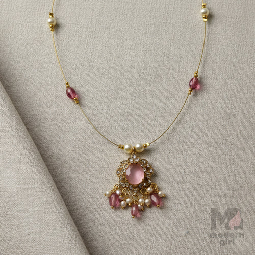 Invisible Chain Necklace with Pink Stone & Pearl Drops