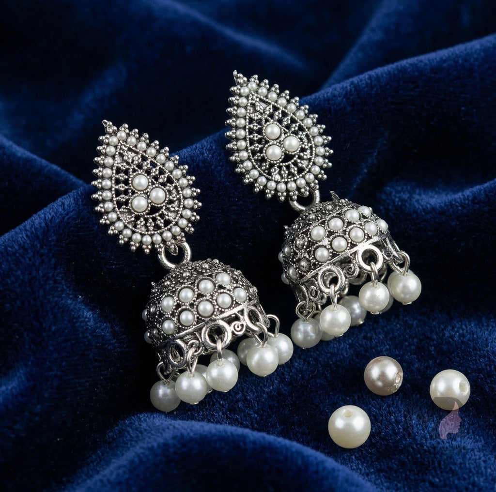 Pearl Studded Oxidized Silver Jhumka Earrings for Women
