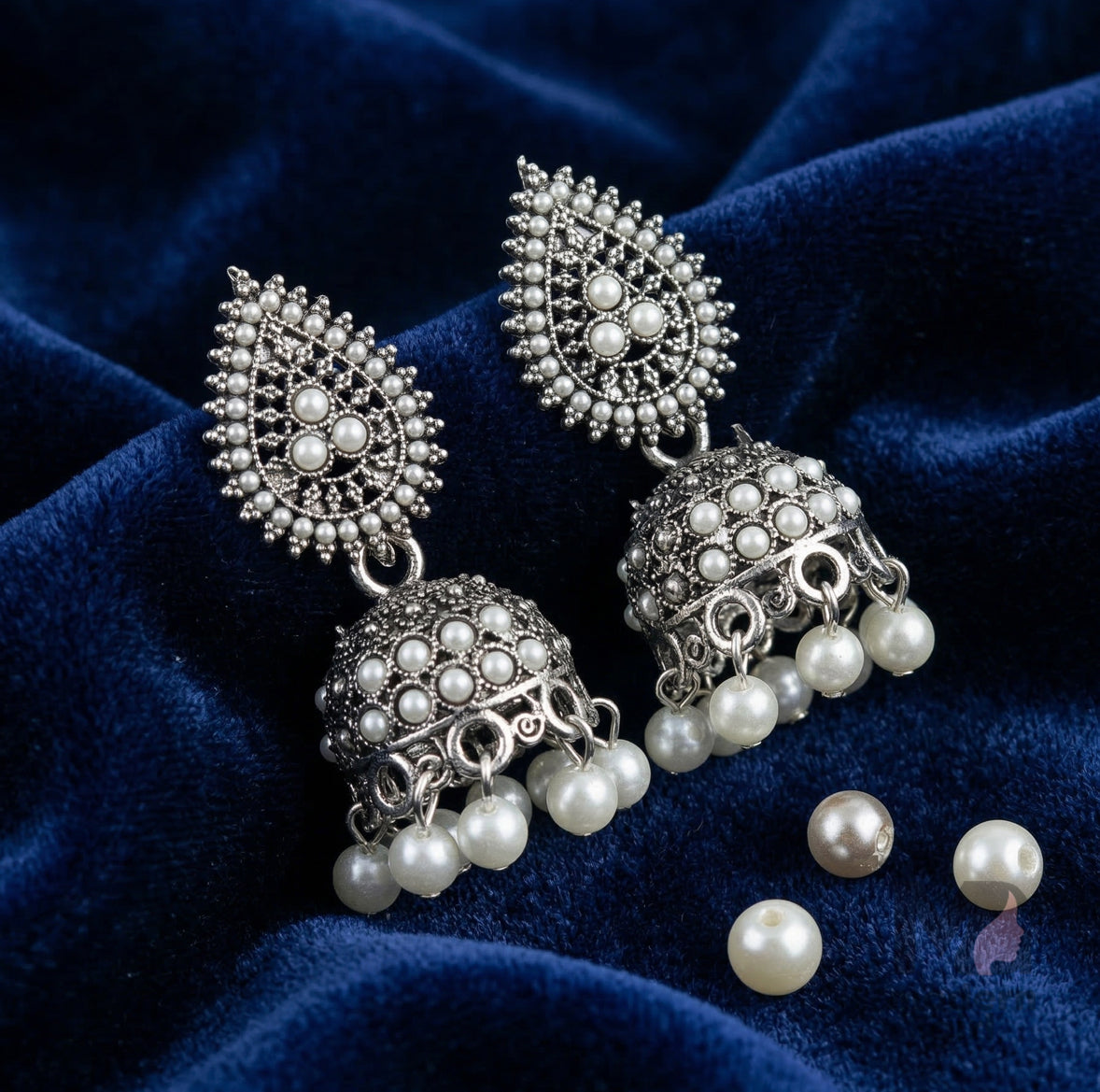 Pearl Studded Oxidized Silver Jhumka Earrings for Women