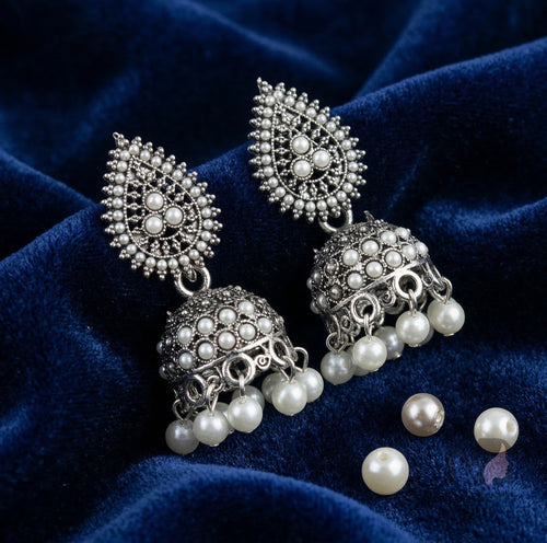 Pearl Studded Oxidized Silver Jhumka Earrings for Women
